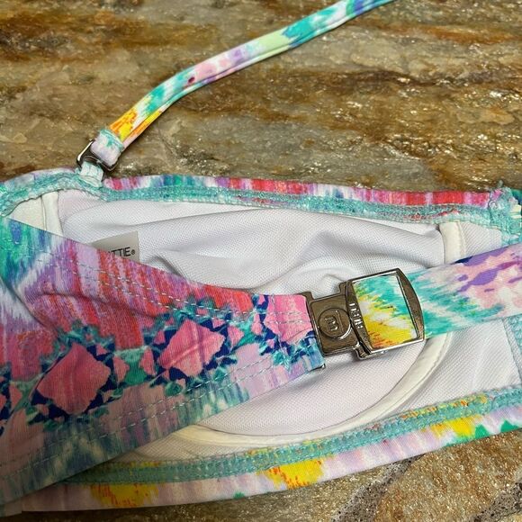 Blue rod beattie colorful tie dye fringe bandeau bikini top size 4 multicolor - Picture 2 of 7